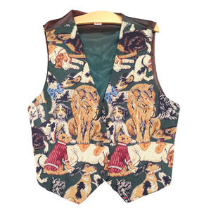 Women's Vest Multi L/XL V-Neck Sleeveless Button Front Embroidered Dogs